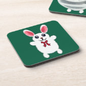 Cute Fluffy White Bunny Rabbit with Red Bow - Chri コースター (左側)