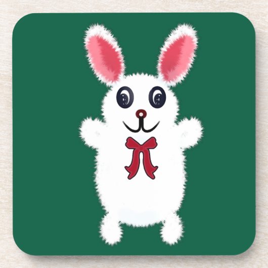 Cute Fluffy White Bunny Rabbit with Red Bow - Chri コースター (正面)