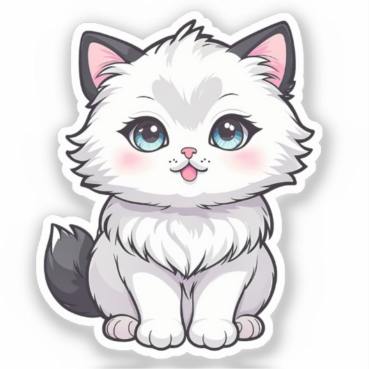 Cute Fluffy White Kitten Big Blue Eyes Sticker シール (正面)