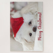 Cute Fluffy White Maltese Puppy Dog in a Santa Hat ジグソーパズル (縦)