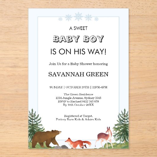 Cute Forest Animals Baby Boy Shower Design アクリル招待状 (正面)