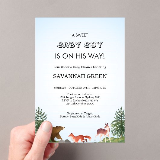 Cute Forest Animals Baby Boy Shower Design アクリル招待状 (インサイチュ (ポータブル))