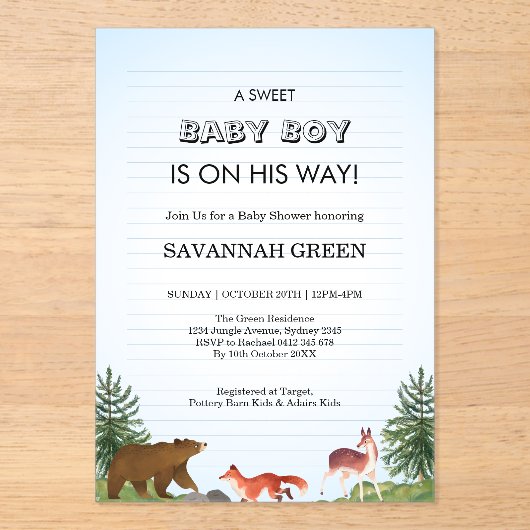 Cute Forest Animals Baby Boy Shower Design アクリル招待状 (正面)