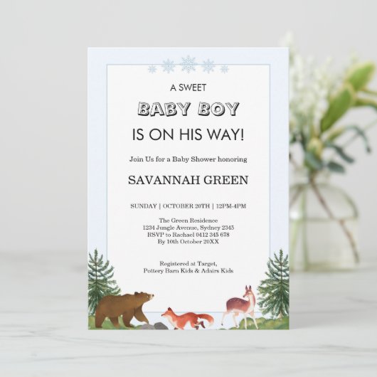 Cute Forest Animals Baby Boy Shower Design 招待状 (スタンド正面)