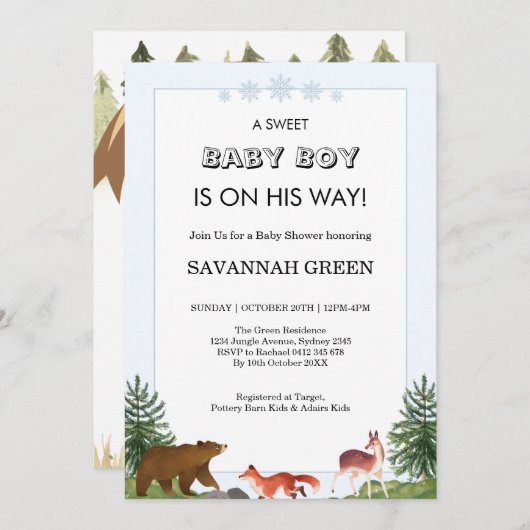 Cute Forest Animals Baby Boy Shower Design 招待状 (正面/裏面)