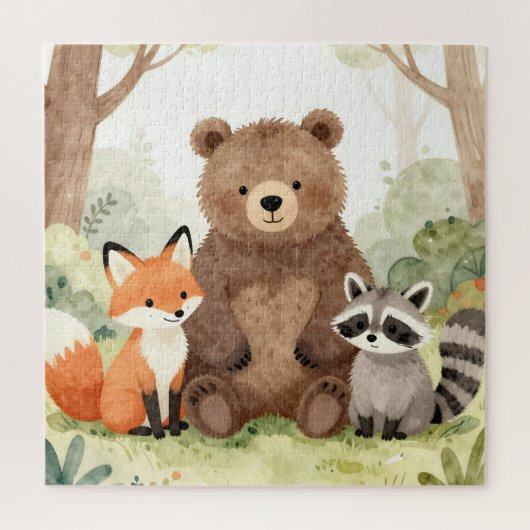 Cute Forest Friends Bear Fox Raccoon Watercolor ジグソーパズル (縦)