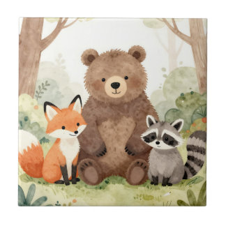 Cute Forest Friends Bear Fox Raccoon Watercolor タイル