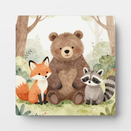 Cute Forest Friends Bear Fox Raccoon Watercolor フォトプラーク (正面)