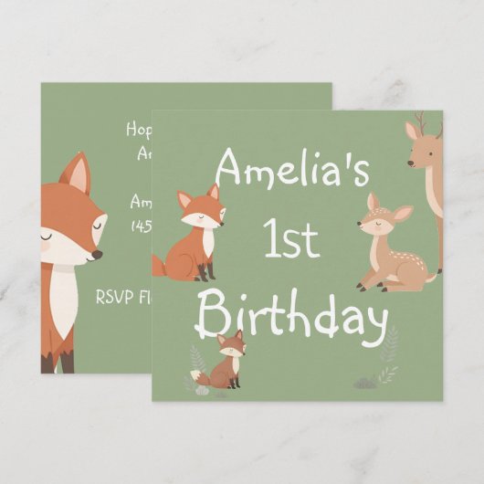 Cute Forest Friends Birthday Invitation  (正面/裏面)