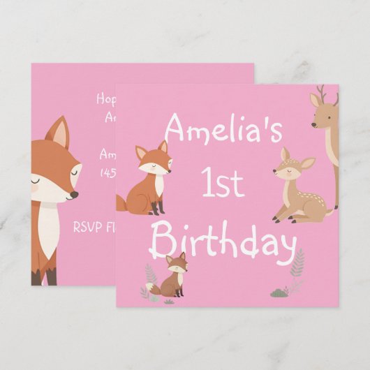 Cute Forest Friends Birthday Invitation  (正面/裏面)