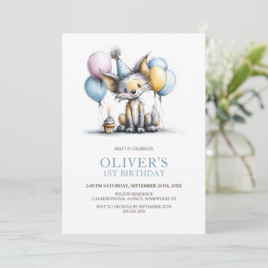 Cute Fox 1st Birthday Party Invitation 招待状 (スタンド正面)