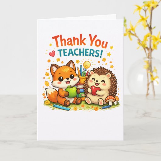 Cute fox and hedgehog teacher appreciation design カード (黄色い花)