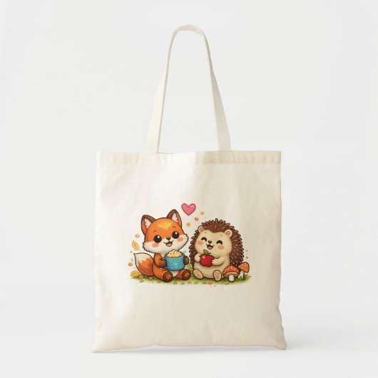 Cute Fox and Hedgehog Tote Bag – Adorable Woodland トートバッグ (正面)