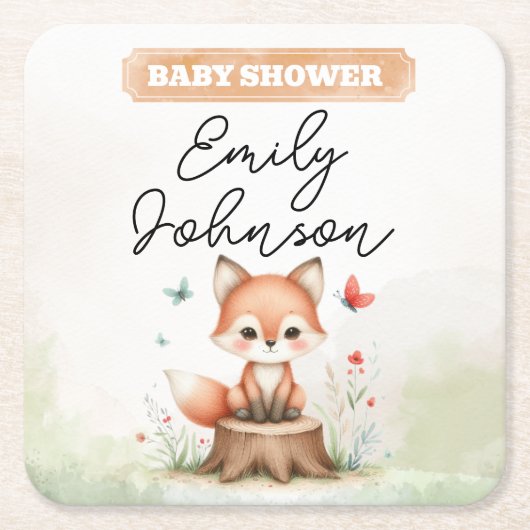 Cute fox baby shower  スクエアペーパーコースター (正面)