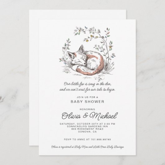 Cute Fox Baby Shower 招待状 (正面/裏面)