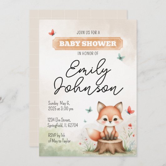 Cute fox baby shower invitation  招待状 (正面/裏面)