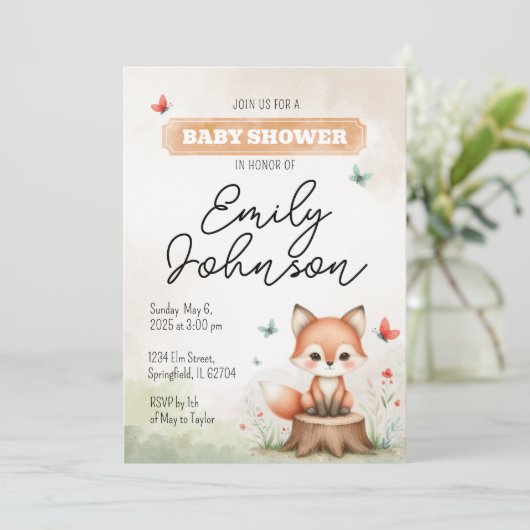 Cute fox baby shower invitation  招待状 (スタンド正面)