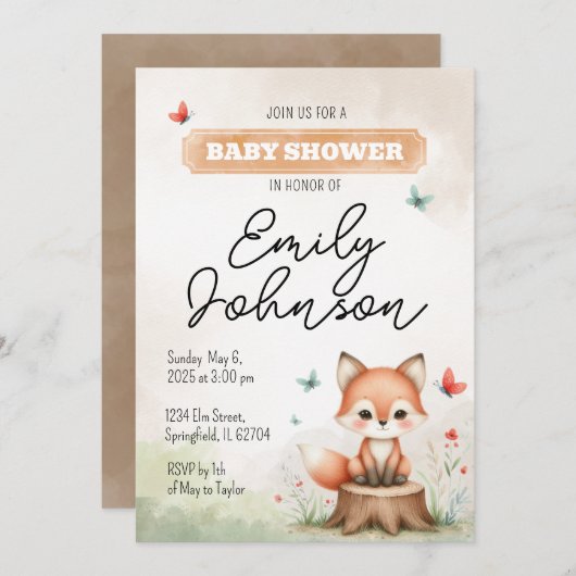 Cute fox baby shower invitation  招待状 (正面/裏面)
