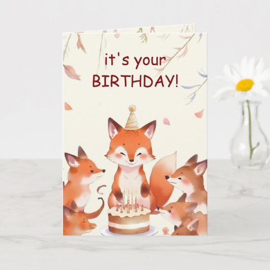 Cute Fox Birthday Card for Kids カード (小さな植物)