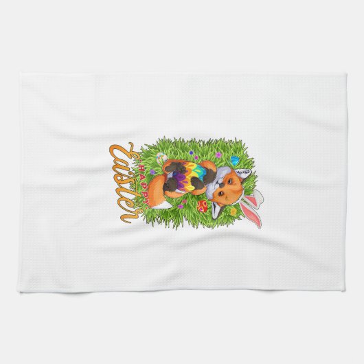 Cute Fox Bunny Ears Happy Easter Fox with Easter E キッチンタオル (横)