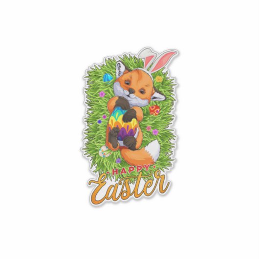 Cute Fox Bunny Ears Happy Easter Fox with Easter E シール (正面)