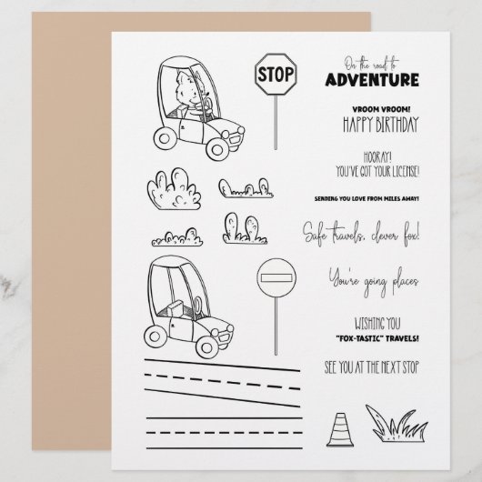 Cute Fox Car Coloring Scrapbook Paper (正面/裏面)