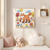 Cute Fox Crayon Drawing Kid ポスター
