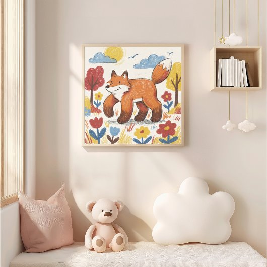 Cute Fox Crayon Drawing Kid ポスター