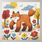 Cute Fox Crayon Drawing Kid ポスター (正面)