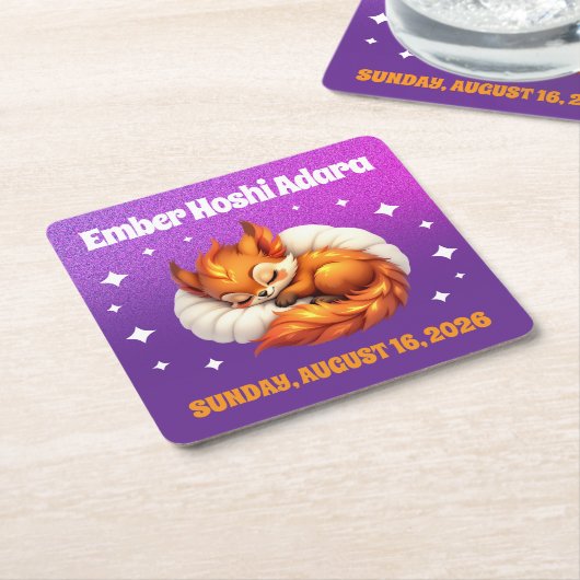 Cute Fox Cub Asleep in Starry Sky Baby Shower スクエアペーパーコースター (アングル)