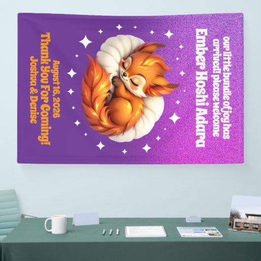 Cute Fox Cub Asleep in Starry Sky Baby Welcome 横断幕 (トレードショー)