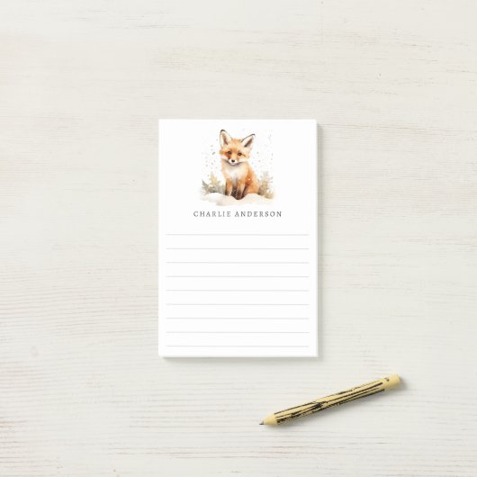 Cute fox cub watercolor name lined ポストイット (デスク上)