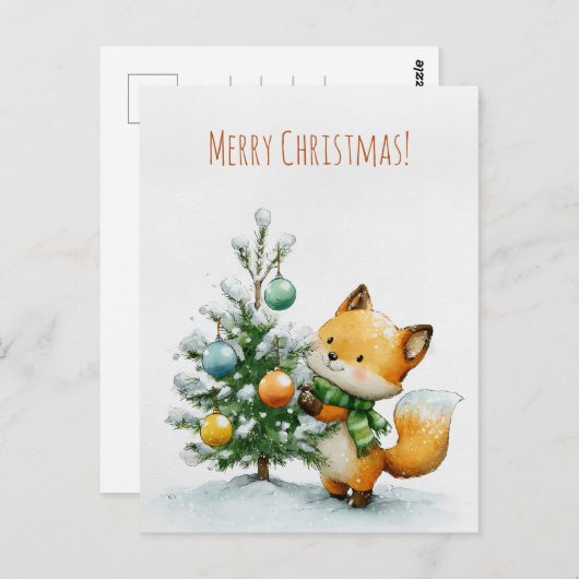 Cute fox decorating a small Christmas tree,  ポストカード (正面/裏面)
