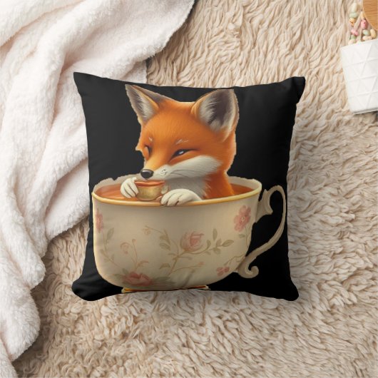Cute fox drinking tea クッション (ブランケット)