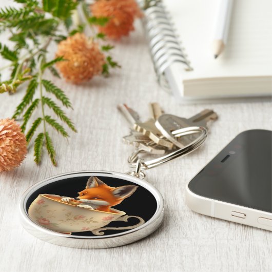 Cute Fox Drinking Tea on Keychain キーホルダー (側面)