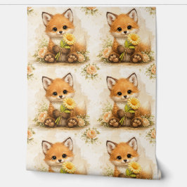 Cute Fox Flower Pattern Wallpaper Nursery 壁紙
