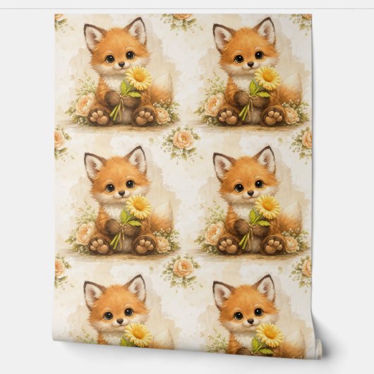 Cute Fox Flower Pattern Wallpaper Nursery 壁紙 (ほどく)