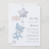 Cute Fox Flying Balloon Blue Boy Baby Shower  招待状 (正面)