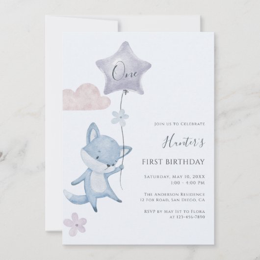Cute Fox Flying Balloon Boy First Birthday Party 招待状 (正面)