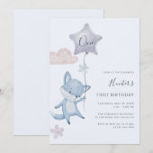 Cute Fox Flying Balloon Boy First Birthday Party 招待状 (正面/裏面)