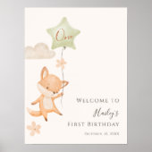 Cute Fox Flying Balloon First Birthday Welcome     ポスター (正面)