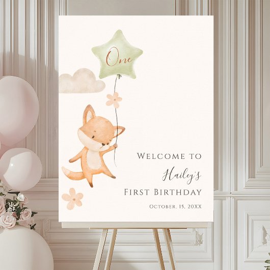 Cute Fox Flying Balloon First Birthday Welcome     ポスター