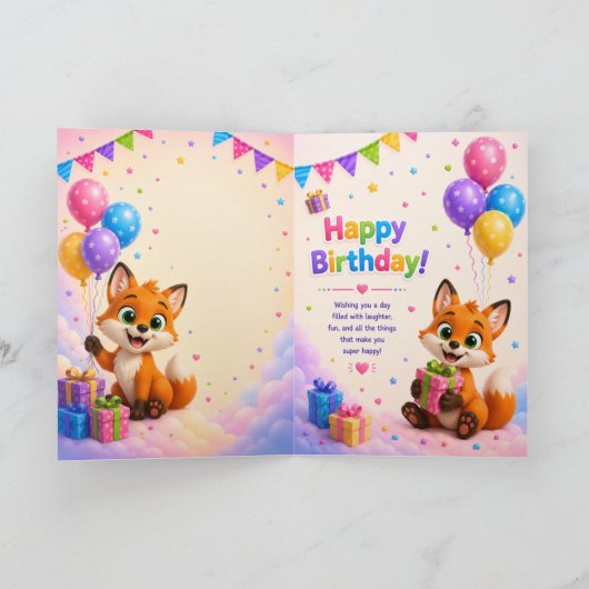 Cute Fox Happy Birthday Card for Kids カード (内部)