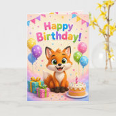 Cute Fox Happy Birthday Card for Kids カード (黄色い花)