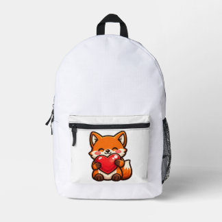Cute Fox Heart Backpack – Kawaii Fox with Red Hear プリントバックパック