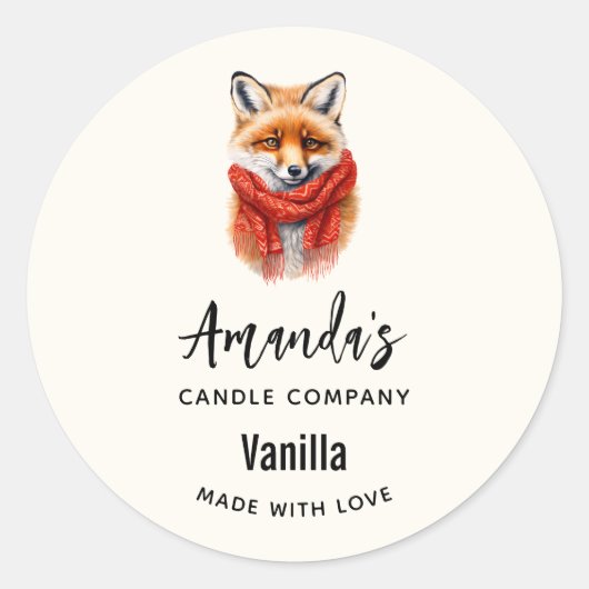 Cute Fox in a Red Scarf Autumn Candle Business ラウンドシール (正面)