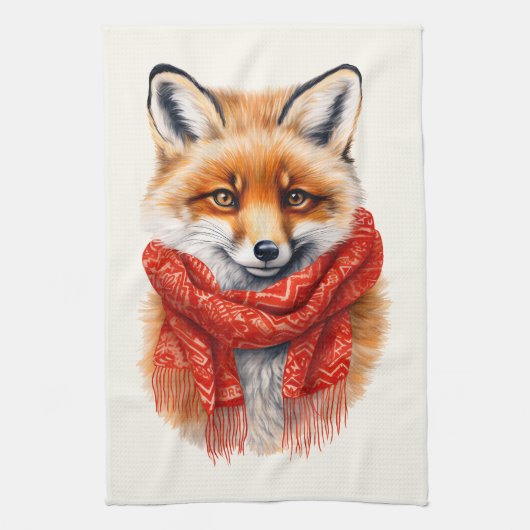 Cute Fox in a Red Scarf Autumn Image キッチンタオル (縦)