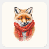 Cute Fox in a Red Scarf Autumn Image スクエアシール (正面)