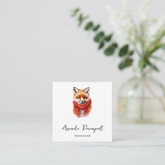 Cute Fox in a Red Scarf Autumn Image スクエア名刺 (スタンド正面)