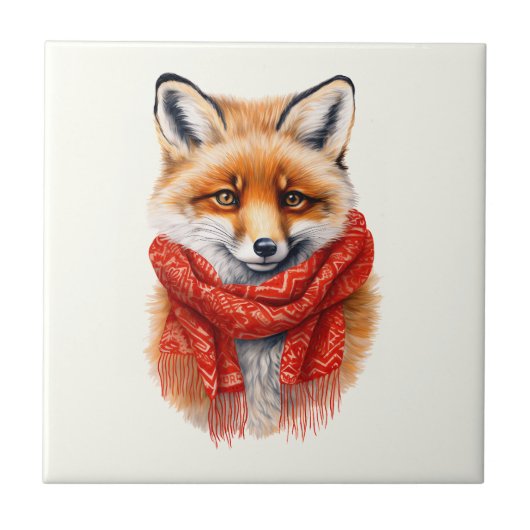 Cute Fox in a Red Scarf Autumn Image タイル (正面)